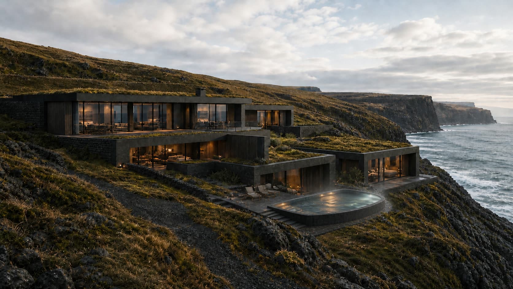 Basalt House stepped into a coastal Icelandic hillside with an ocean-facing geothermal hot tub